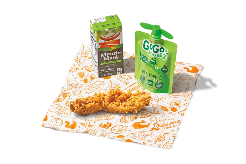 "1-piece tender kid's meal with juice box, apple sauce, and a crispy chicken tender."