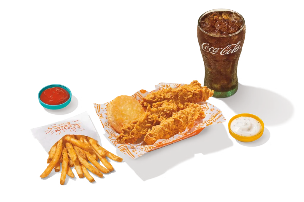 "Popeyes 3Pc Tenders with fries, dipping sauces, and a Coca-Cola drink."