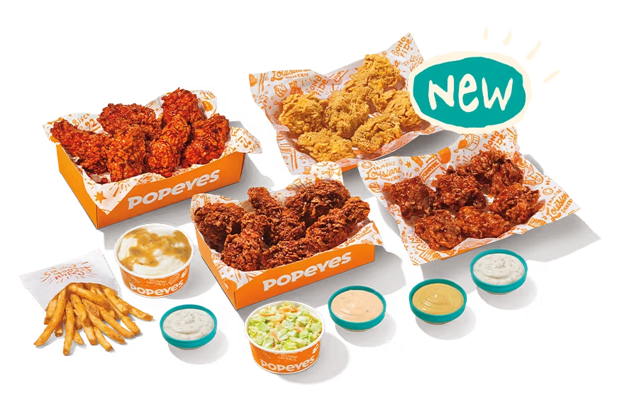 "New 24-piece wings bundle with fries, sides, and dipping sauces, labeled '24Pc Wings Game Day Bundle.'"