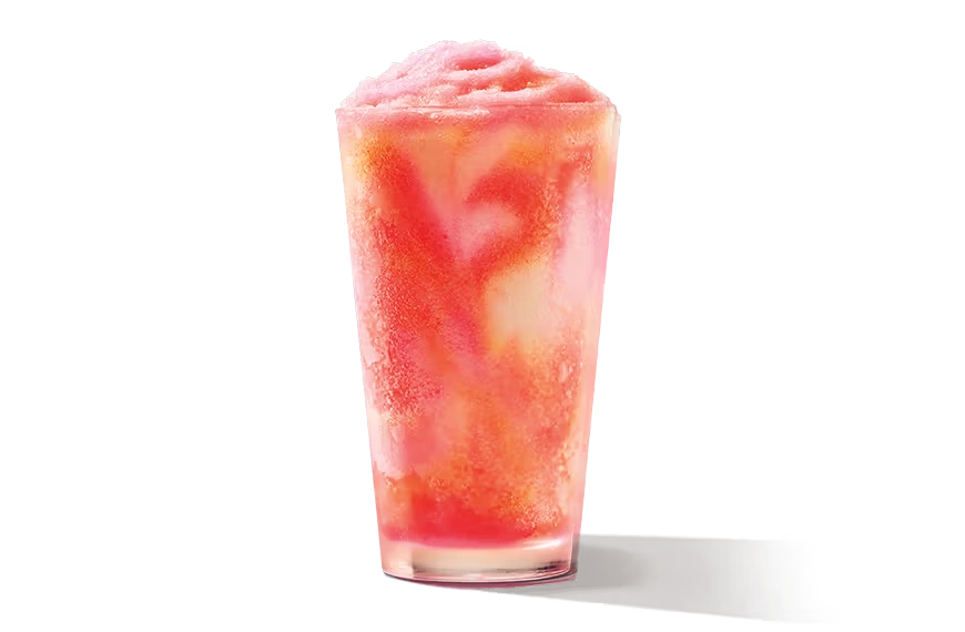 "A chilled glass of apple cranberry frozen lemonade with a swirled texture, labeled 'Apple Cranberry Frozen Lemonade.'"
