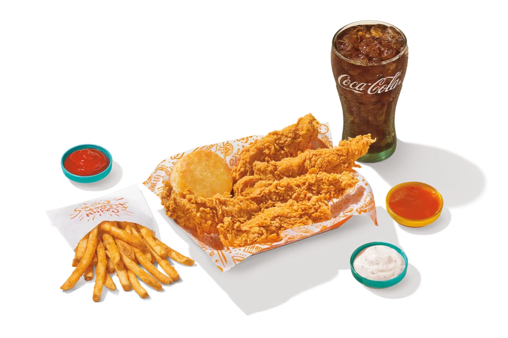 "Popeyes 5Pc Tenders with fries, biscuits, dipping sauces, and a Coca-Cola drink."