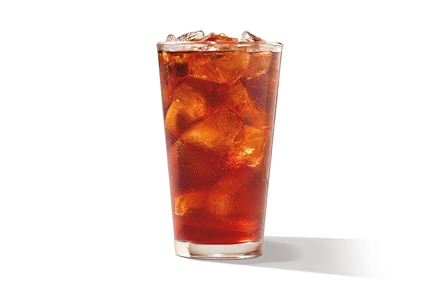 "A glass of apple cranberry unsweet tea with ice, labeled 'Apple Cranberry Unsweet Tea.'"