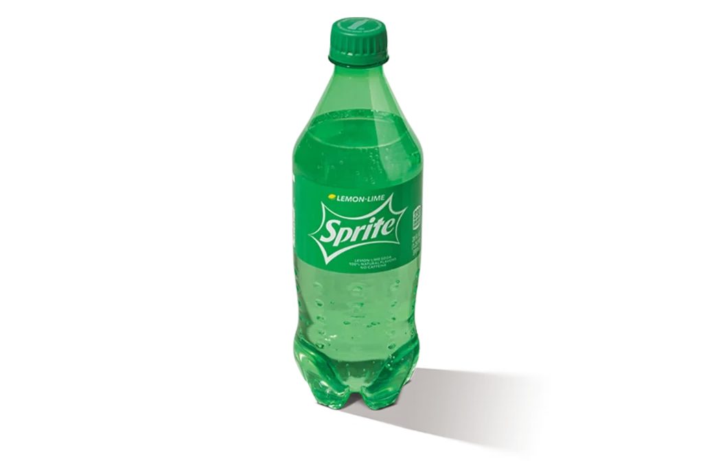 "20oz green plastic bottle of Sprite with label and cap, on a white background."