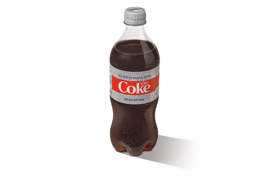 "20oz plastic bottle of Diet Coke with silver cap and label, on a white background."