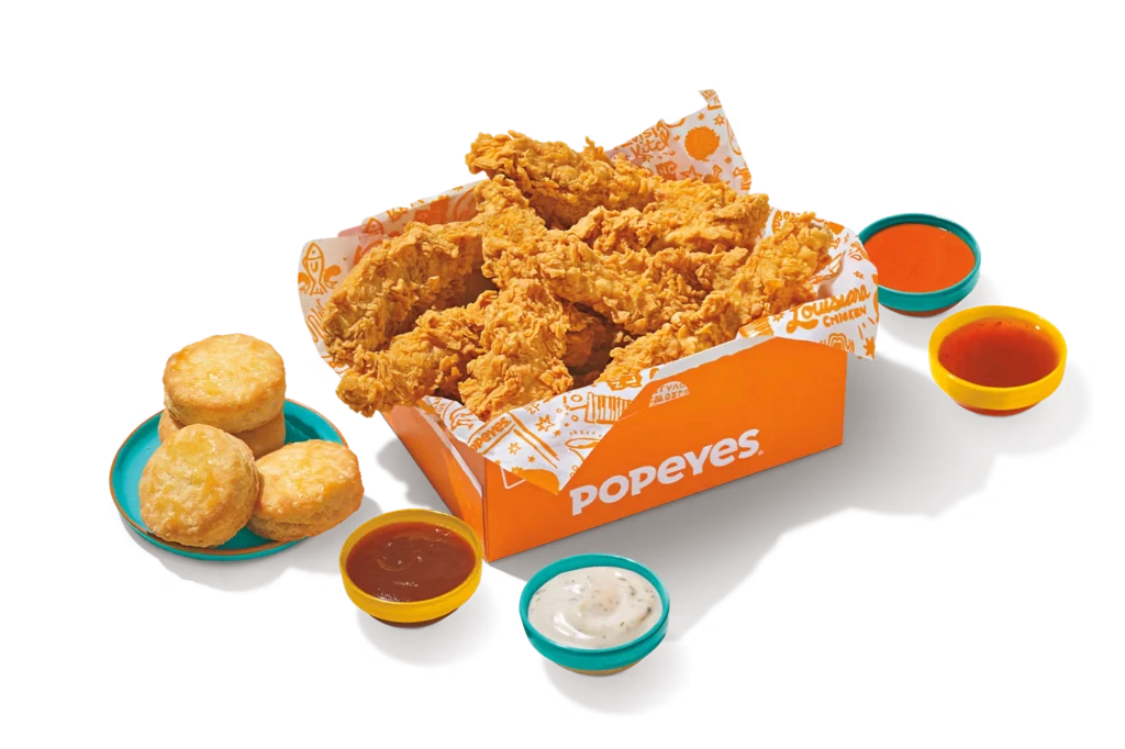 "Bigger Box Tenders with fried chicken tenders, biscuits, and dipping sauces."