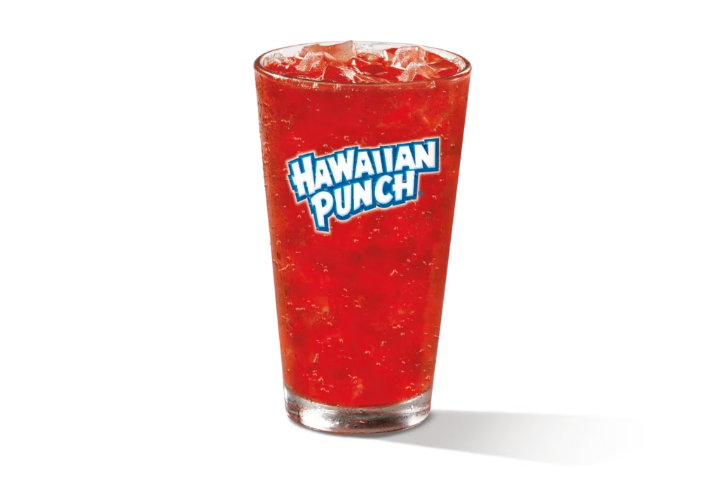 "Glass of Hawaiian Punch with ice cubes, Hawaiian Punch logo on the glass, on a white background."