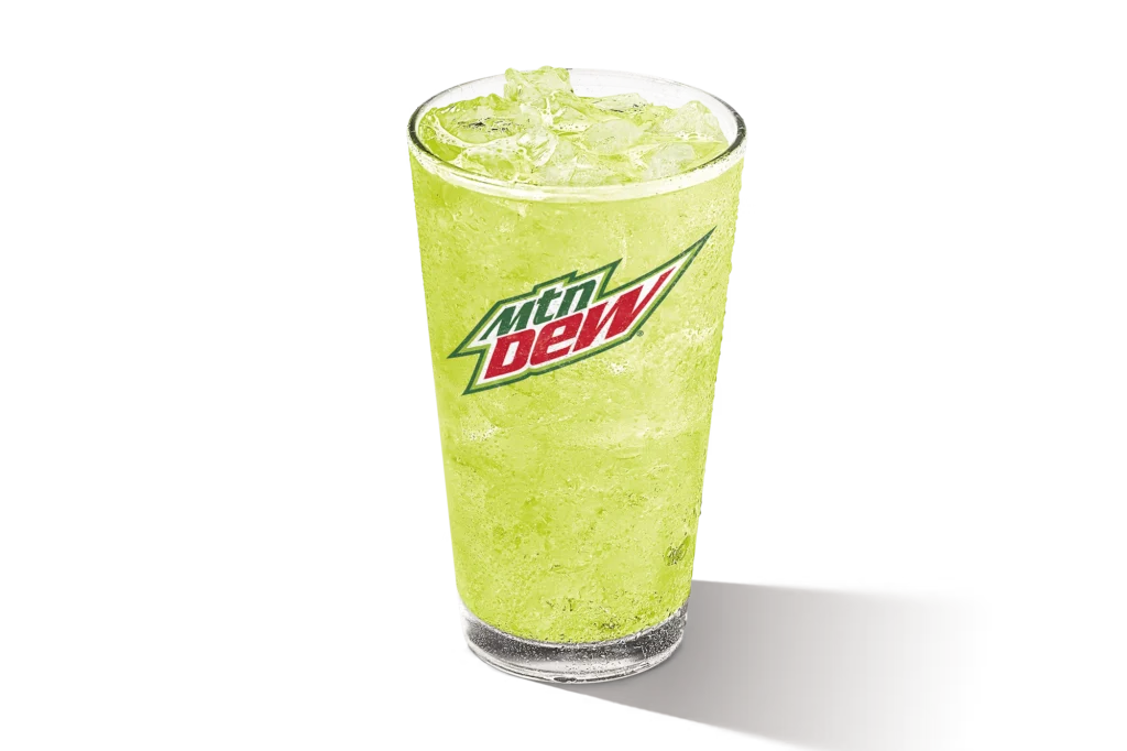 "Refreshing glass of Mountain Dew with ice, showcasing its vibrant green color and logo."