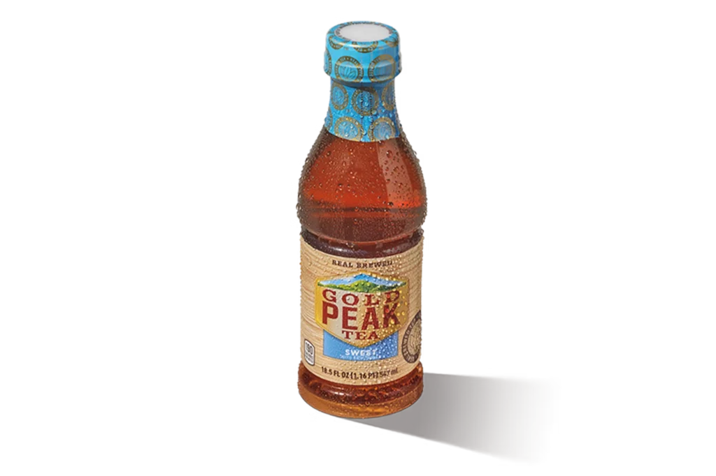 "18.5oz bottle of Gold Peak Sweet Tea with blue cap and label, on a white background."