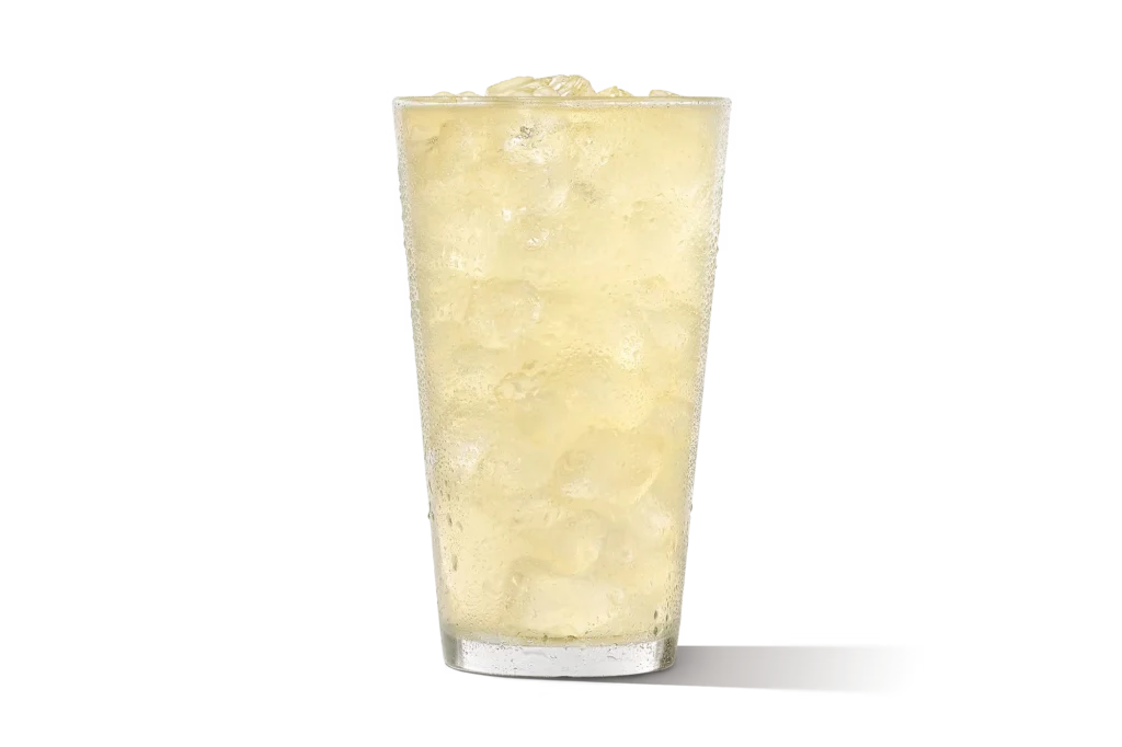 "Glass of premium lemonade with ice."